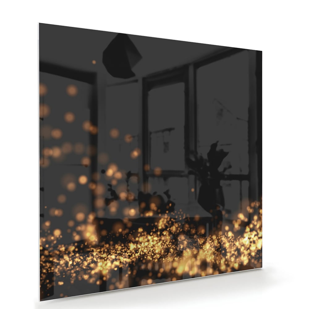 Glasbild mit goldenen Lichtpunkten auf schwarzem Hintergrund – Glasbild aus Sicherheitsglas, Größe 100x70
