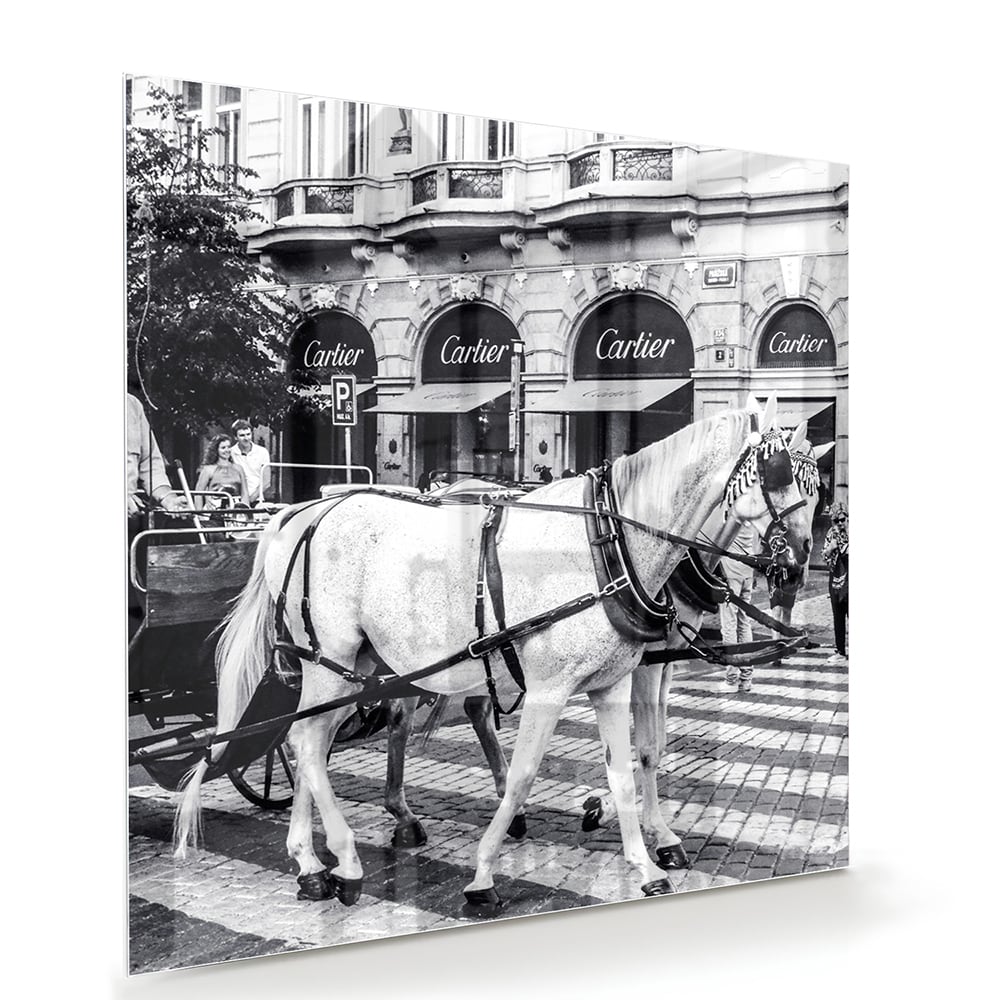 Historisches Glasbild mit Pferd und Kutsche – Glasbild aus Sicherheitsglas, Größe 100x70