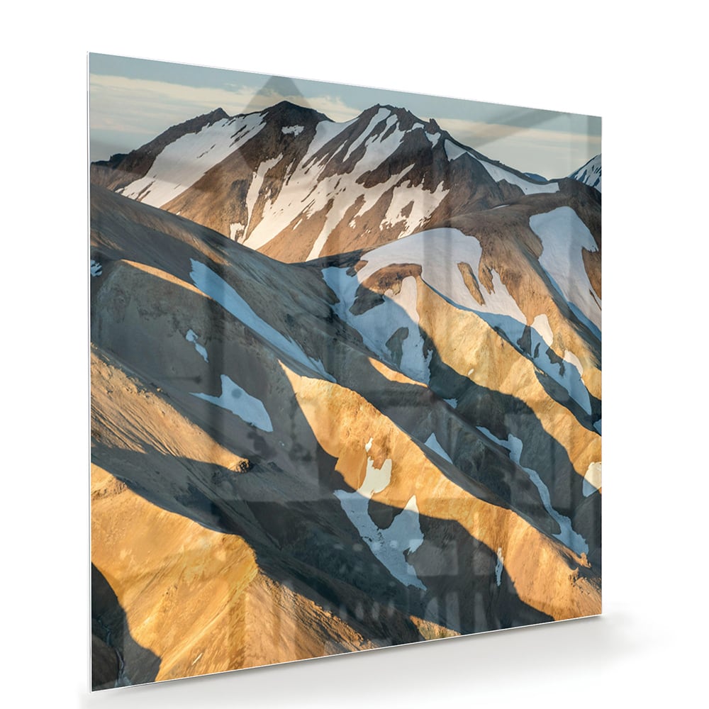 Glasbild mit Bergen und sanften Farben – Glasbild aus Sicherheitsglas, Größe 100x70