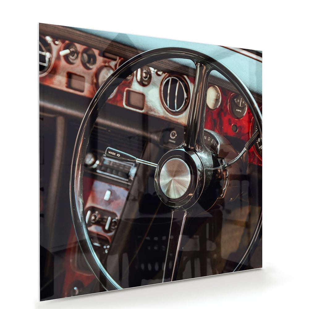 Retro-Auto-Glasbild mit Armaturenbrett für Liebhaber – Glasbild aus Sicherheitsglas, Größe 100x70
