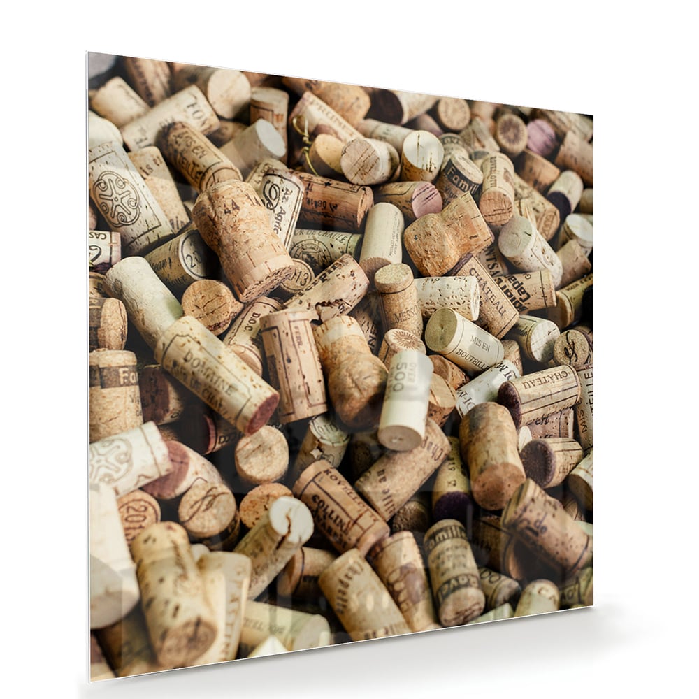 Kreatives Glasbild mit Korkenstapel – Glasbild aus Sicherheitsglas, Größe 100x70
