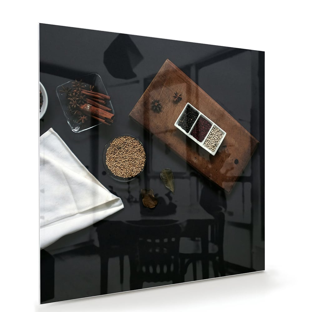 Modernes Glasbild mit Kaffee und Notizen – Glasbild aus Sicherheitsglas, Größe 100x70