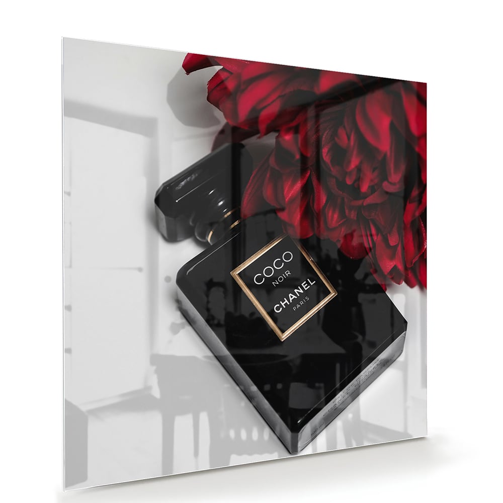 Elegantes Glasbild mit Parfüm und roten Blumen – Glasbild aus Sicherheitsglas, Größe 100x70