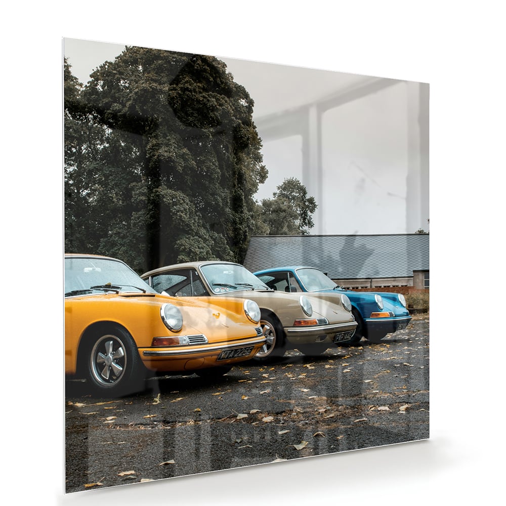 Fröhliches Glasbild mit gelbem Auto – Glasbild aus Sicherheitsglas, Größe 100x70