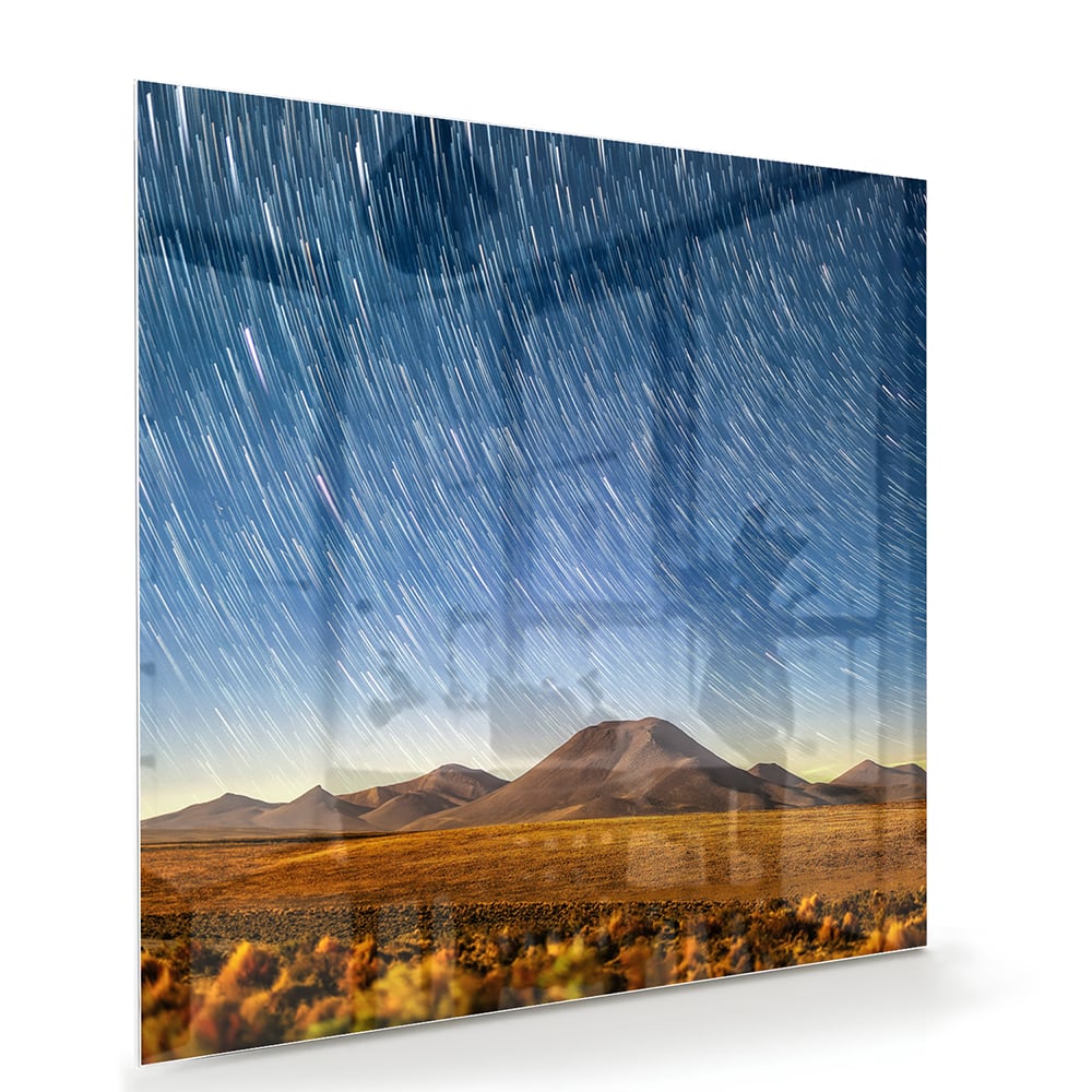 Glasbild mit Sternenhimmel über den Bergen – Glasbild aus Sicherheitsglas, Größe 100x70