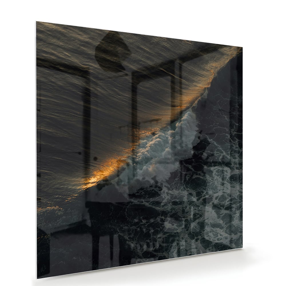 Schwarzes Glasbild mit Meerblick und Goldakzenten – Glasbild aus Sicherheitsglas, Größe 100x70