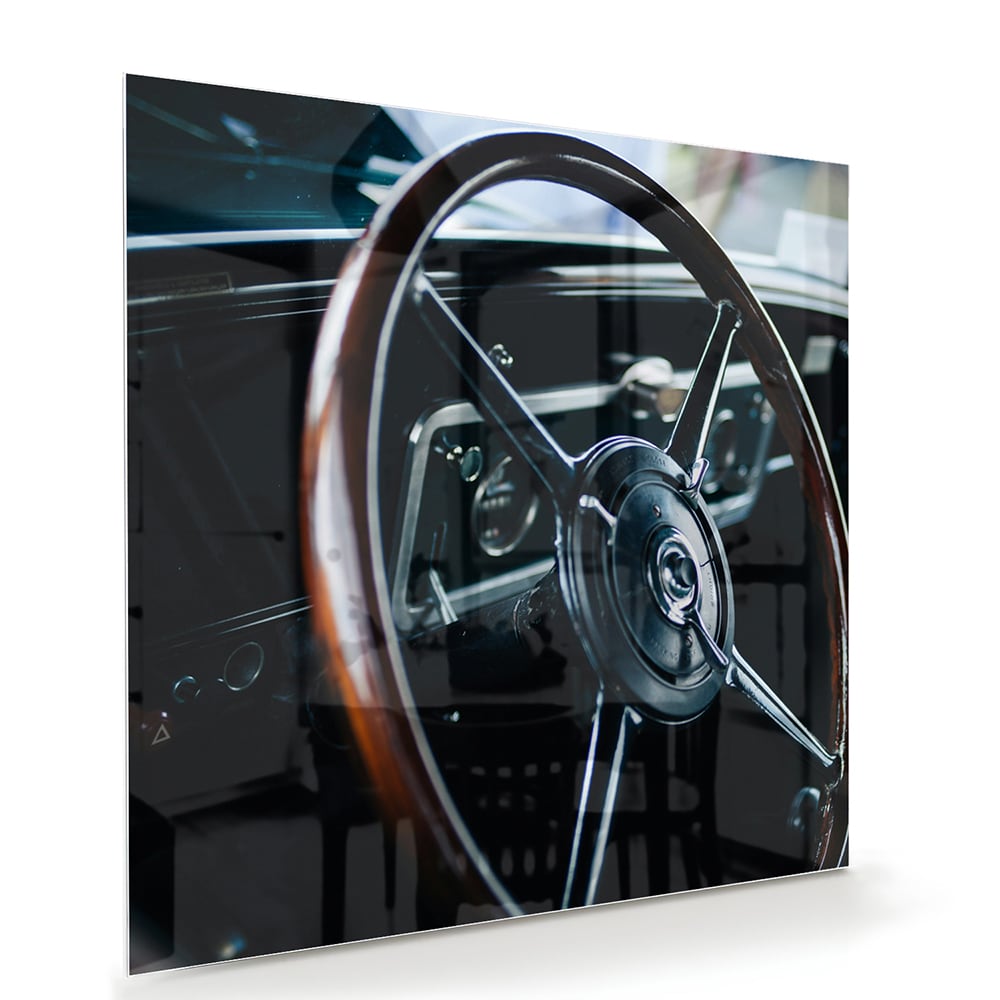 Glasbild Vintage-Glasbild mit klassischem Lenkrad – Glasbild aus Sicherheitsglas, Größe 100x70