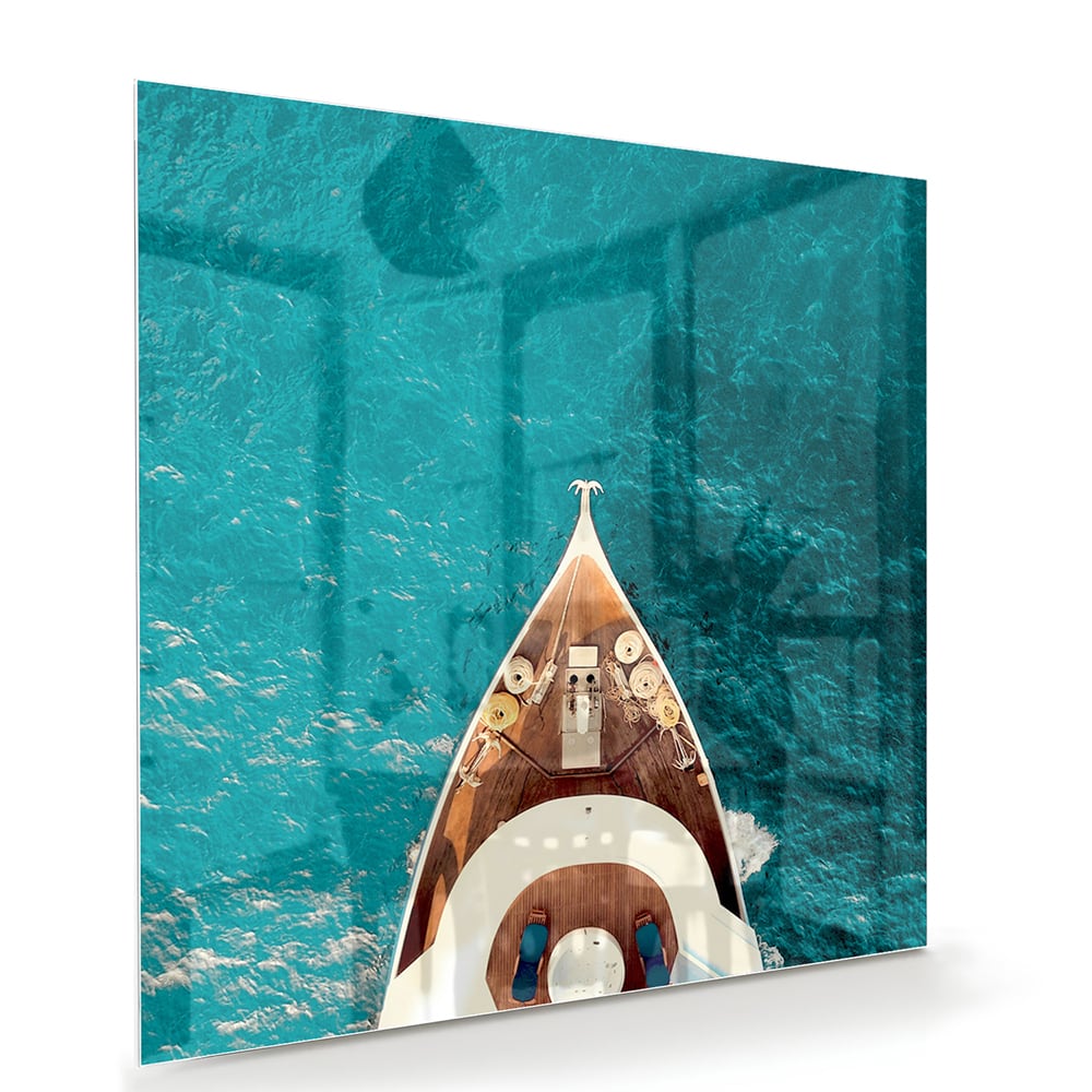 Glasbild mit einem Boot über Wasser – Glasbild aus Sicherheitsglas, Größe 100x70