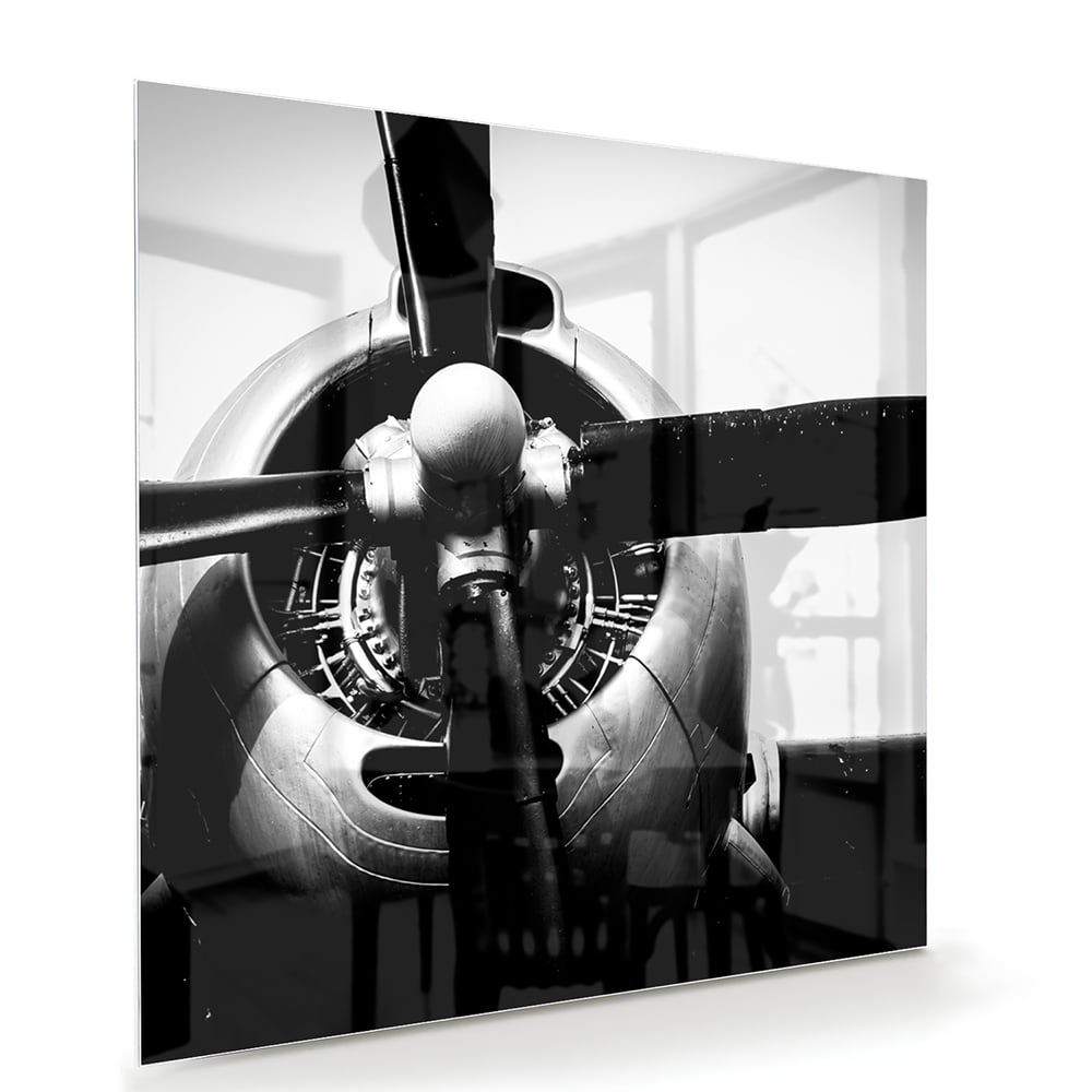 Schwarz-Weiß-Glasbild mit Vintage-Flugzeugpropeller – Glasbild aus Sicherheitsglas, Größe 100x70