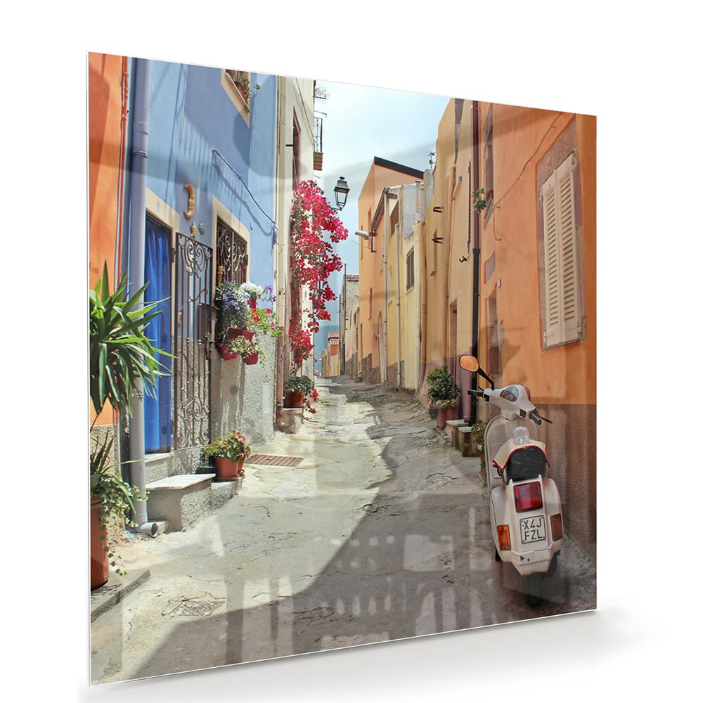 Buntes Glasbild mit Vespa auf einer Straße – Glasbild aus Sicherheitsglas, Größe 100x70