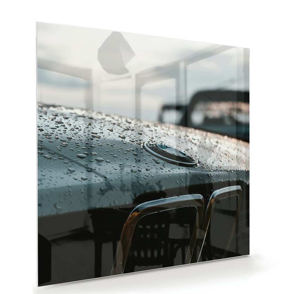 Glasbild mit nasser Autoscheibe – Stilvolles Interieur – Glasbild aus Sicherheitsglas, Größe 100x70