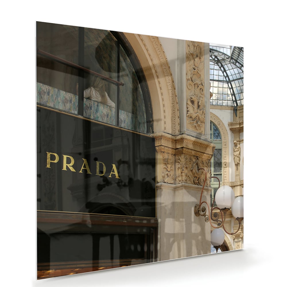 Elegantes Glasbild mit Luxus-Boutique – Glasbild aus Sicherheitsglas, Größe 100x70
