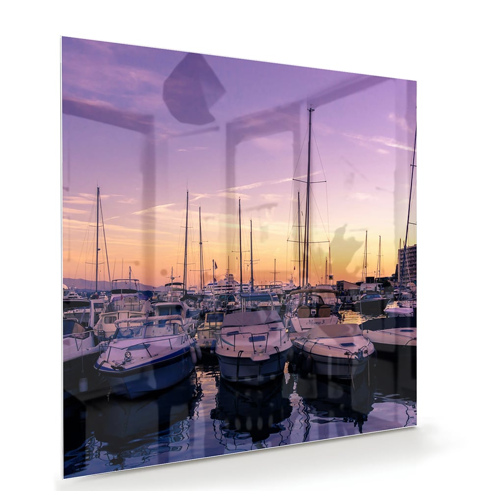 Glasbild mit Sonnenuntergang am Hafen – Glasbild aus Sicherheitsglas, Größe 100x70