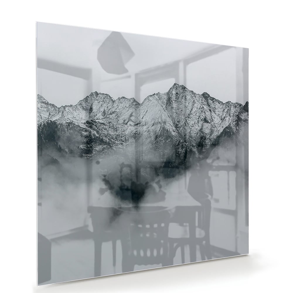 Elegantes Glasbild mit Bergen in Schwarz-Weiß – Glasbild aus Sicherheitsglas, Größe 100x70