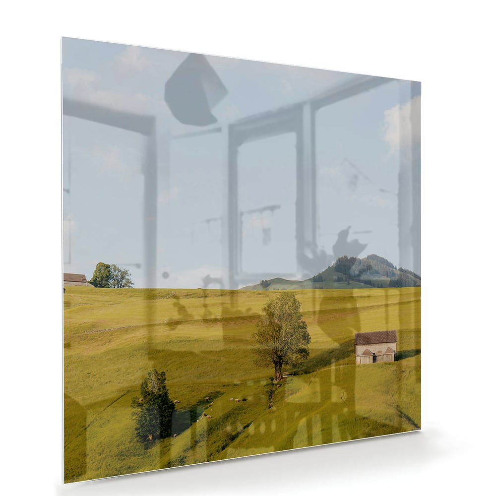 Glasbild mit grünen Hügeln in der Landschaft – Glasbild aus Sicherheitsglas, Größe 100x70