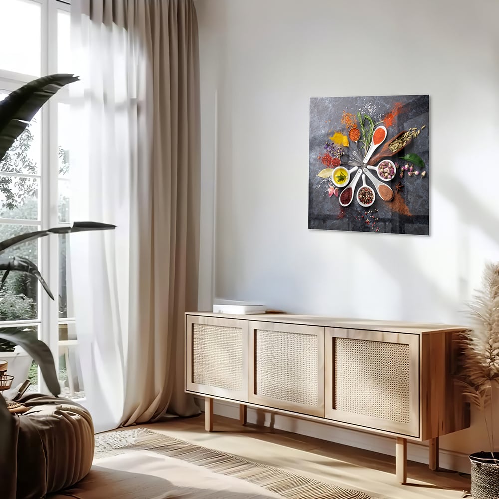 Glasbild mit farbenfrohen Gewürzen – Glasbild aus Sicherheitsglas, Größe 120x60