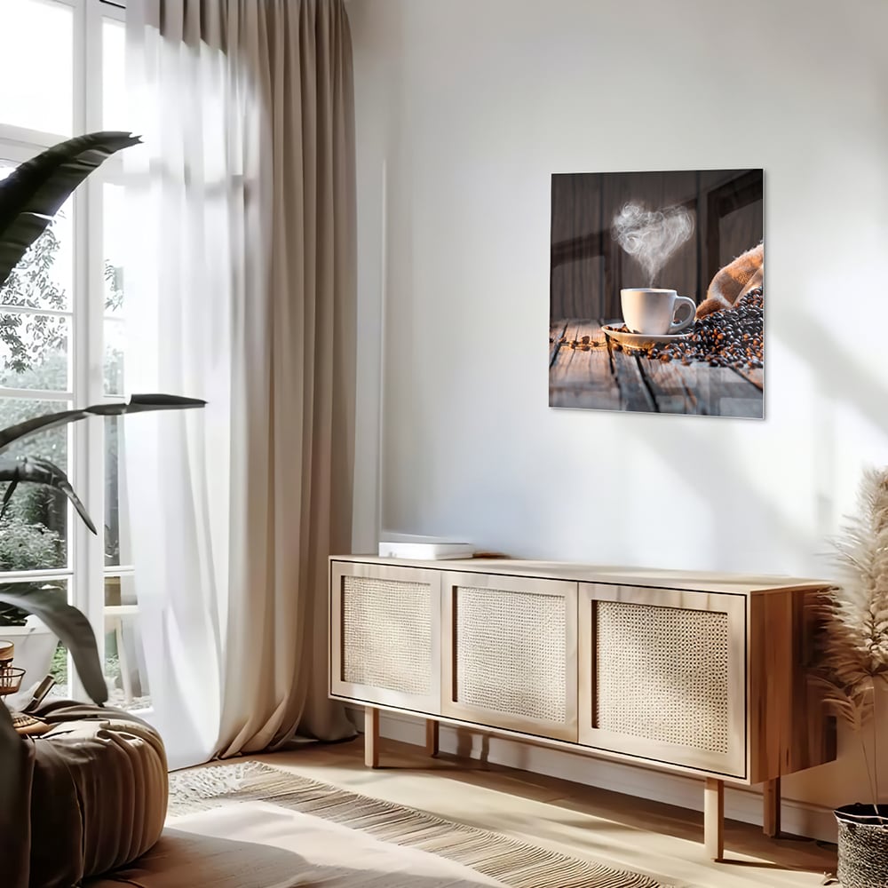 Stilvolles Glasbild mit Kaffee und Kaffeebohnen – Glasbild aus Sicherheitsglas, Größe 120x60