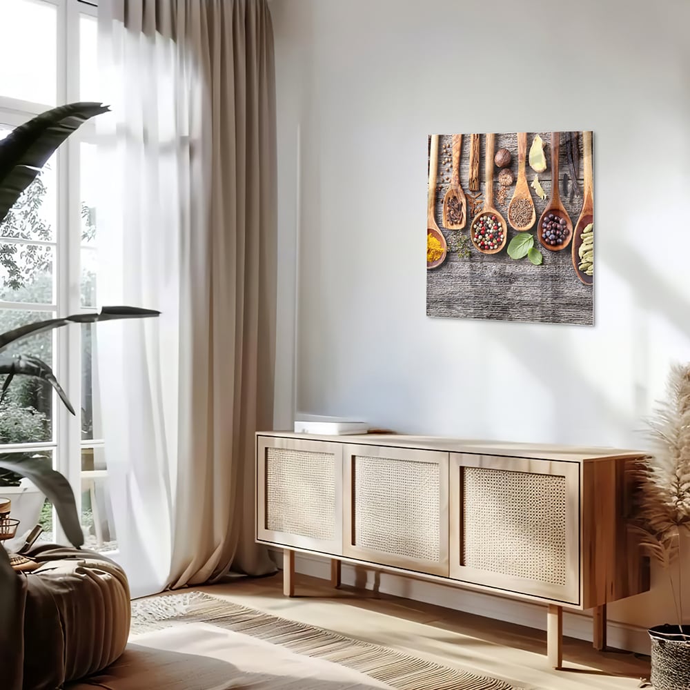 Glasbild mit natürlichen Rezepten im Löffel-Design – Glasbild aus Sicherheitsglas, Größe 120x60