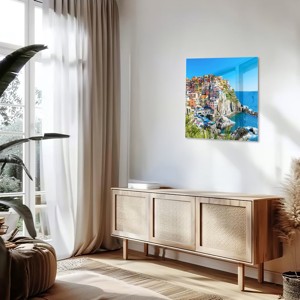 Glasbild mit farbenfroher Küstenlinie – Glasbild aus Sicherheitsglas, Größe 120x60