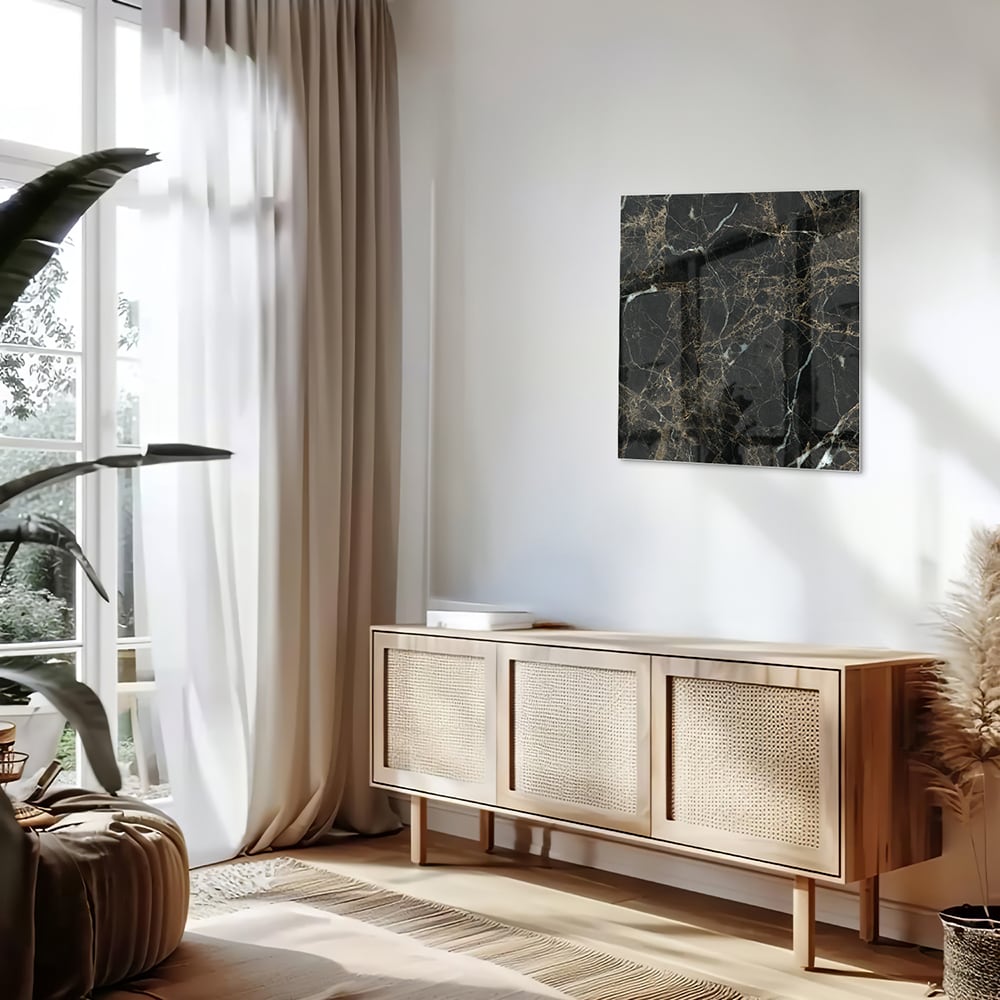 Elegantes schwarzes Marmor-Glasbild für luxuriöses Interieur – Glasbild aus Sicherheitsglas, Größe 120x60
