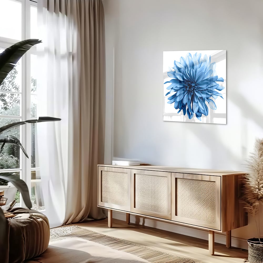Blaues Glasbild mit einer Blume – Glasbild aus Sicherheitsglas, Größe 120x60