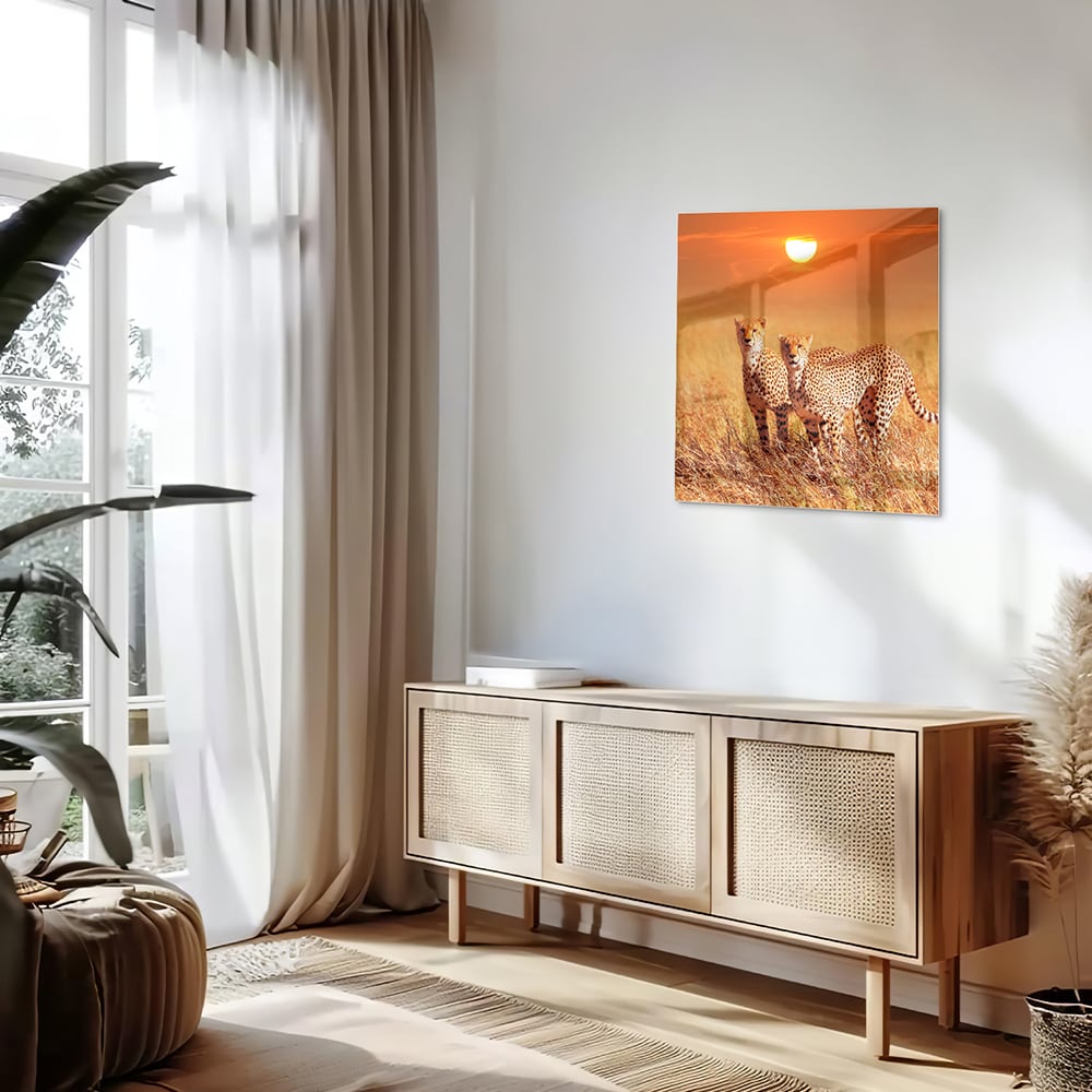 Elegantes Glasbild mit Geparden in der Natur – Glasbild aus Sicherheitsglas, Größe 120x60