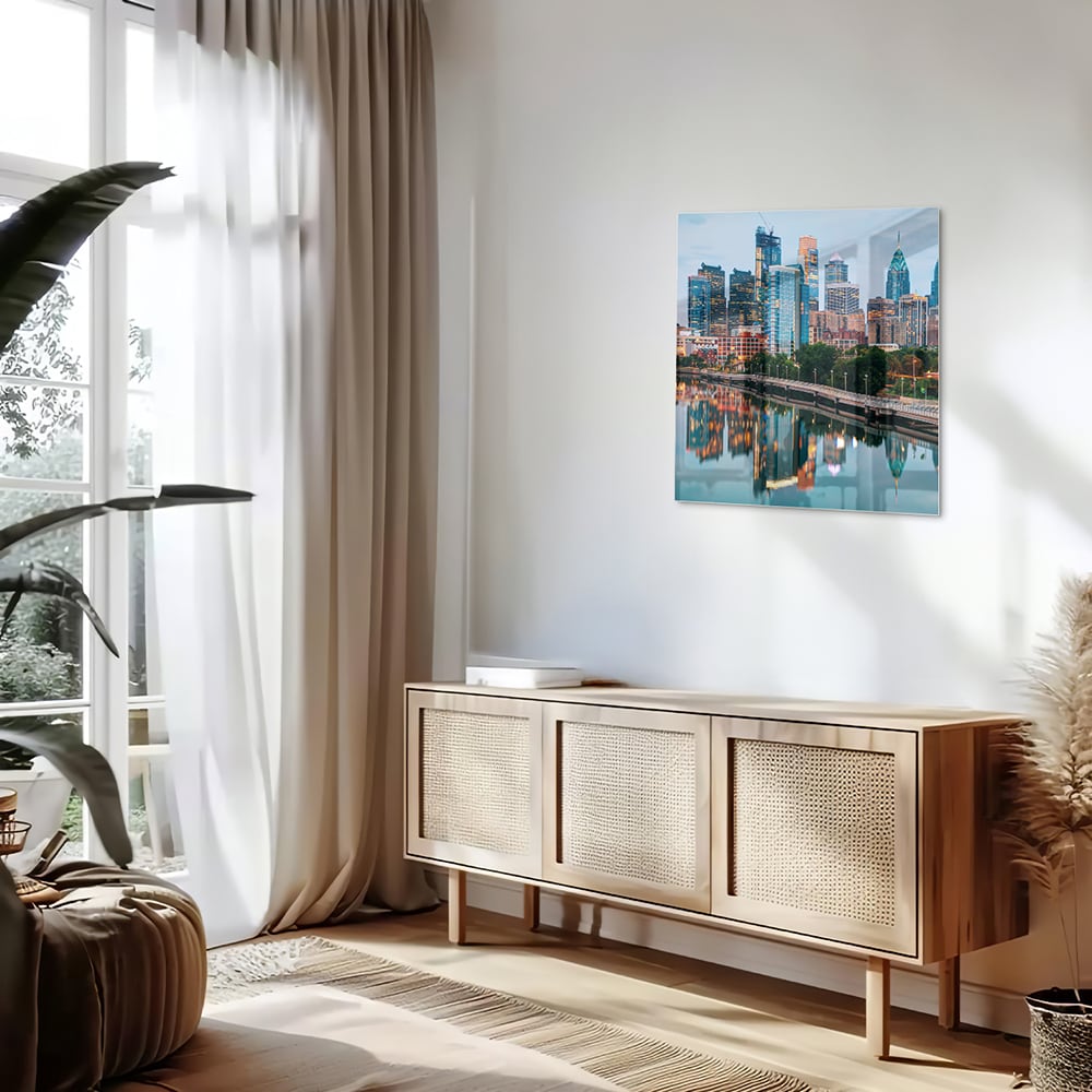 Modernes Glasbild mit Stadtansicht – Glasbild aus Sicherheitsglas, Größe 120x60