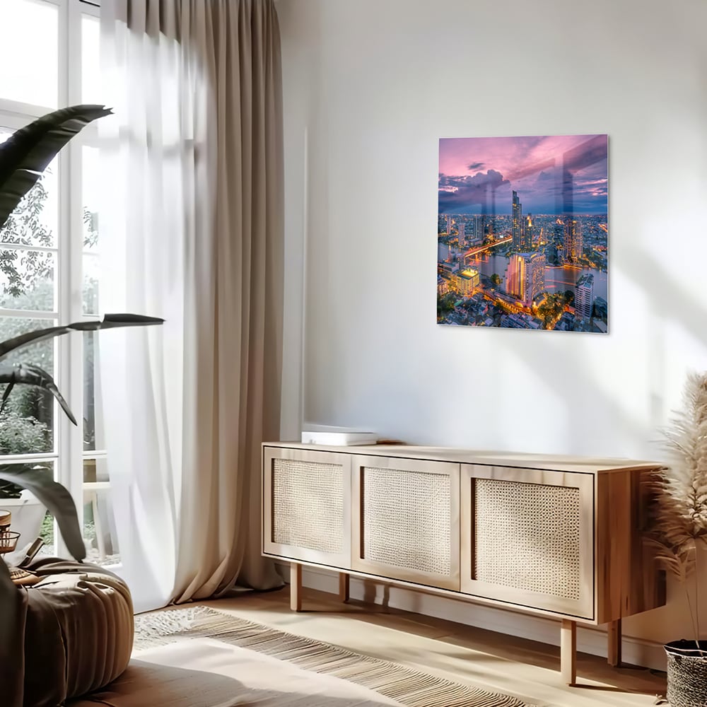 Glasbild mit Stadtblick im Abendlicht – Glasbild aus Sicherheitsglas, Größe 120x60