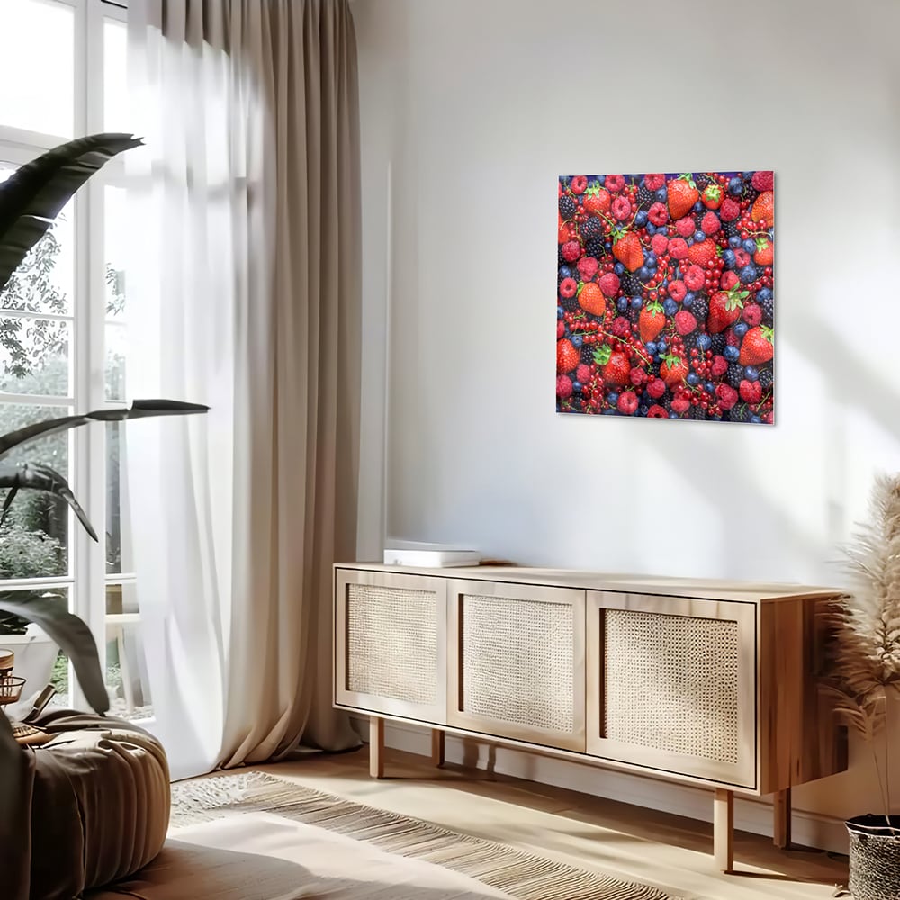 Farbenfrohes Glasbild mit Beeren und Früchten – Glasbild aus Sicherheitsglas, Größe 120x60