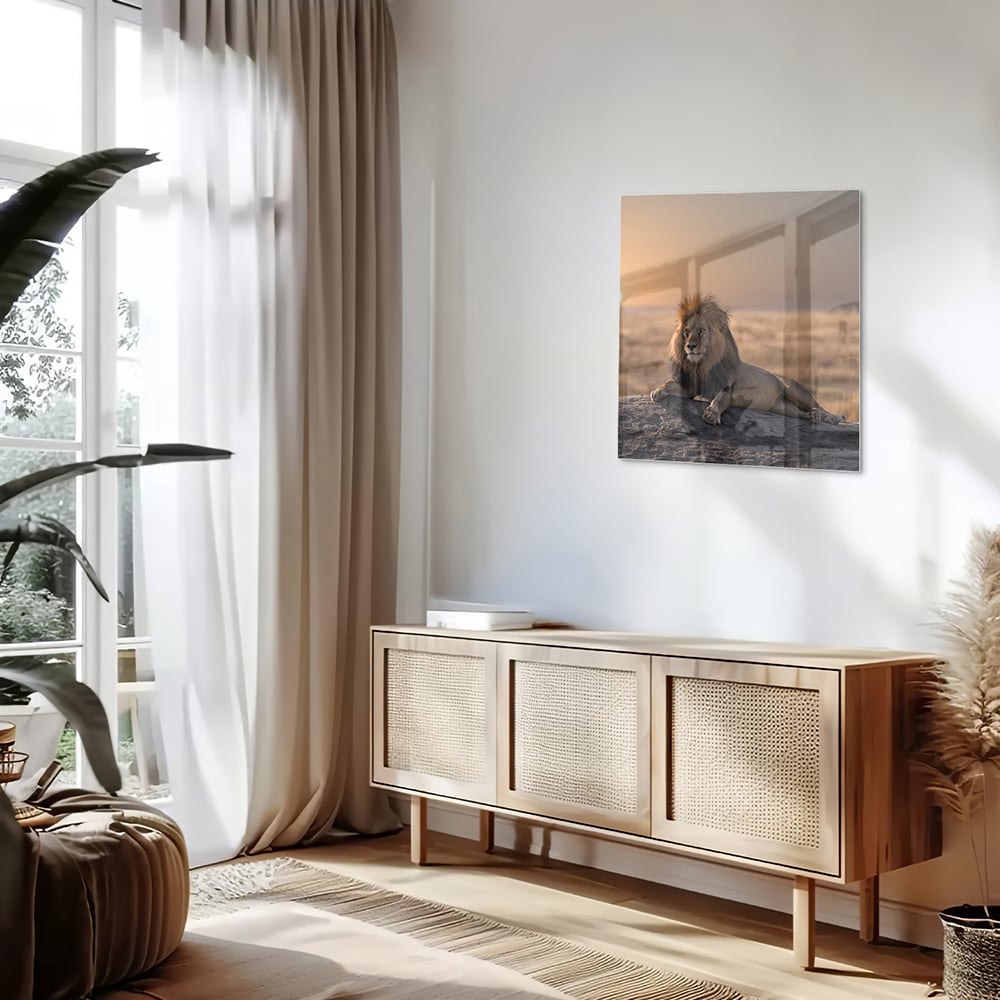 Glasbild – Majestätischer Löwe bei Sonnenuntergang – Glasbild aus Sicherheitsglas, Größe 120x60