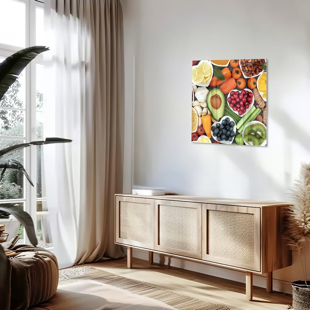 Fröhliches Glasbild mit Früchten für die Küche – Glasbild aus Sicherheitsglas, Größe 120x60