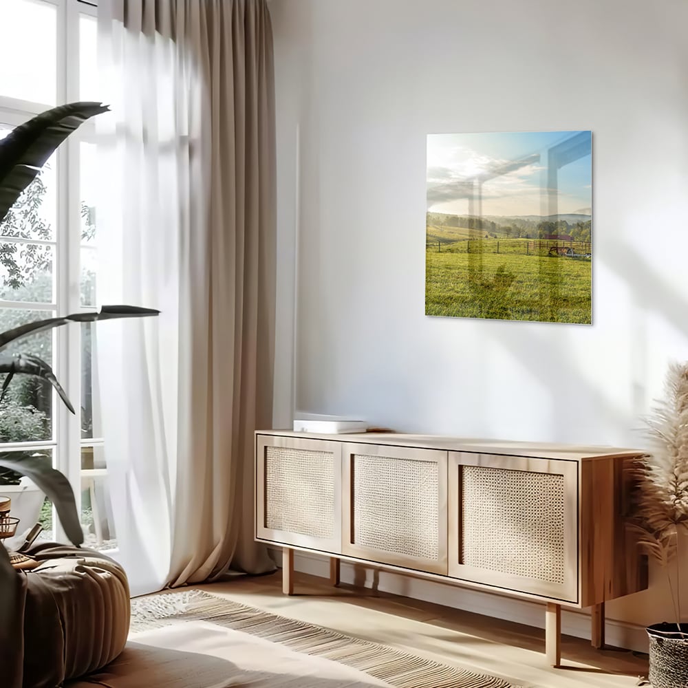Glasbild mit atemberaubender grüner Wiese – Glasbild aus Sicherheitsglas, Größe 120x60