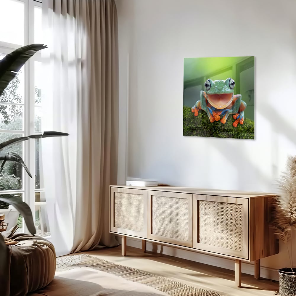 Fröhliches Glasbild mit Laubfrosch – Glasbild aus Sicherheitsglas, Größe 120x60