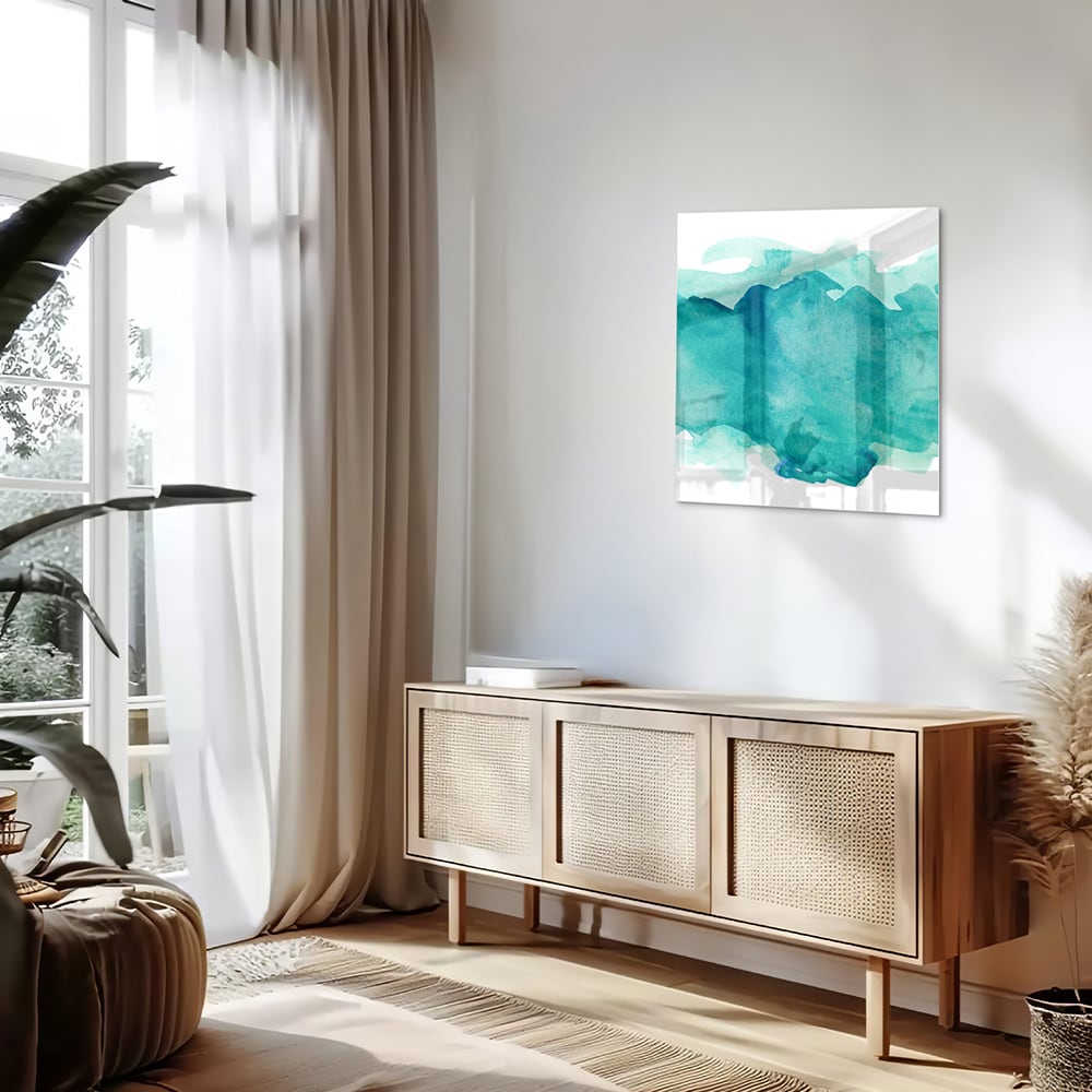 Abstraktes türkisfarbenes Glasbild für moderne Innenräume – Glasbild aus Sicherheitsglas, Größe 120x60