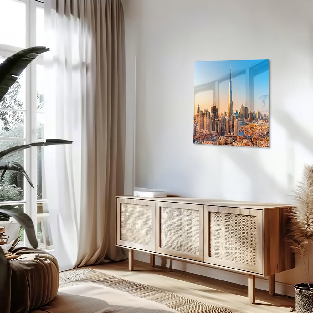 Modernes Glasbild mit Skyline Dubai – Glasbild aus Sicherheitsglas, Größe 120x60