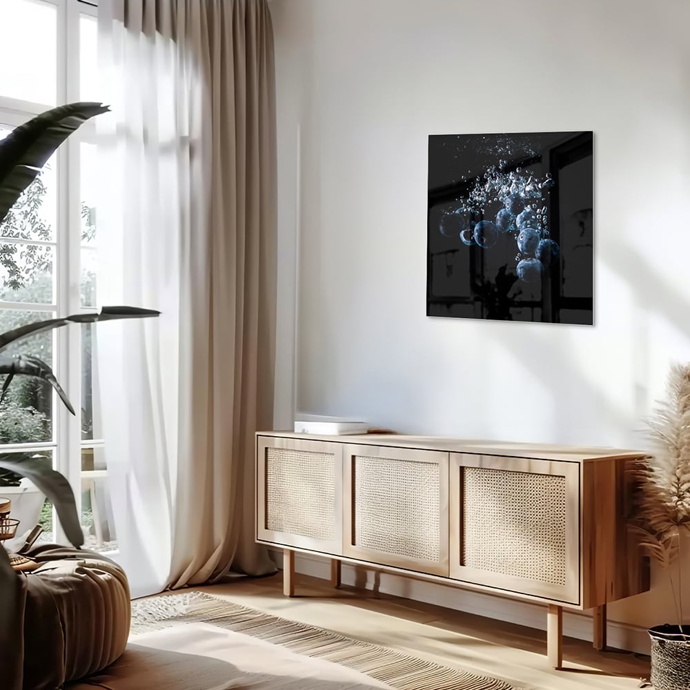 Abstraktes Glasbild mit Blasen in Wasser – Glasbild aus Sicherheitsglas, Größe 120x60