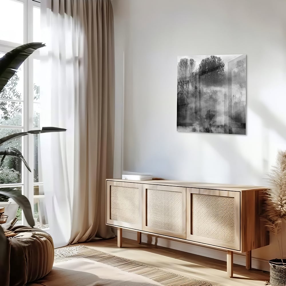 Abstraktes Schwarz-Weiß-Glasbild mit Bäumen – Glasbild aus Sicherheitsglas, Größe 120x60
