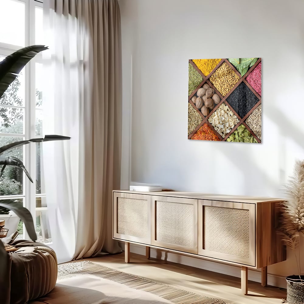 Farbenfrohes Glasbild mit Gewürzen – Glasbild aus Sicherheitsglas, Größe 120x60