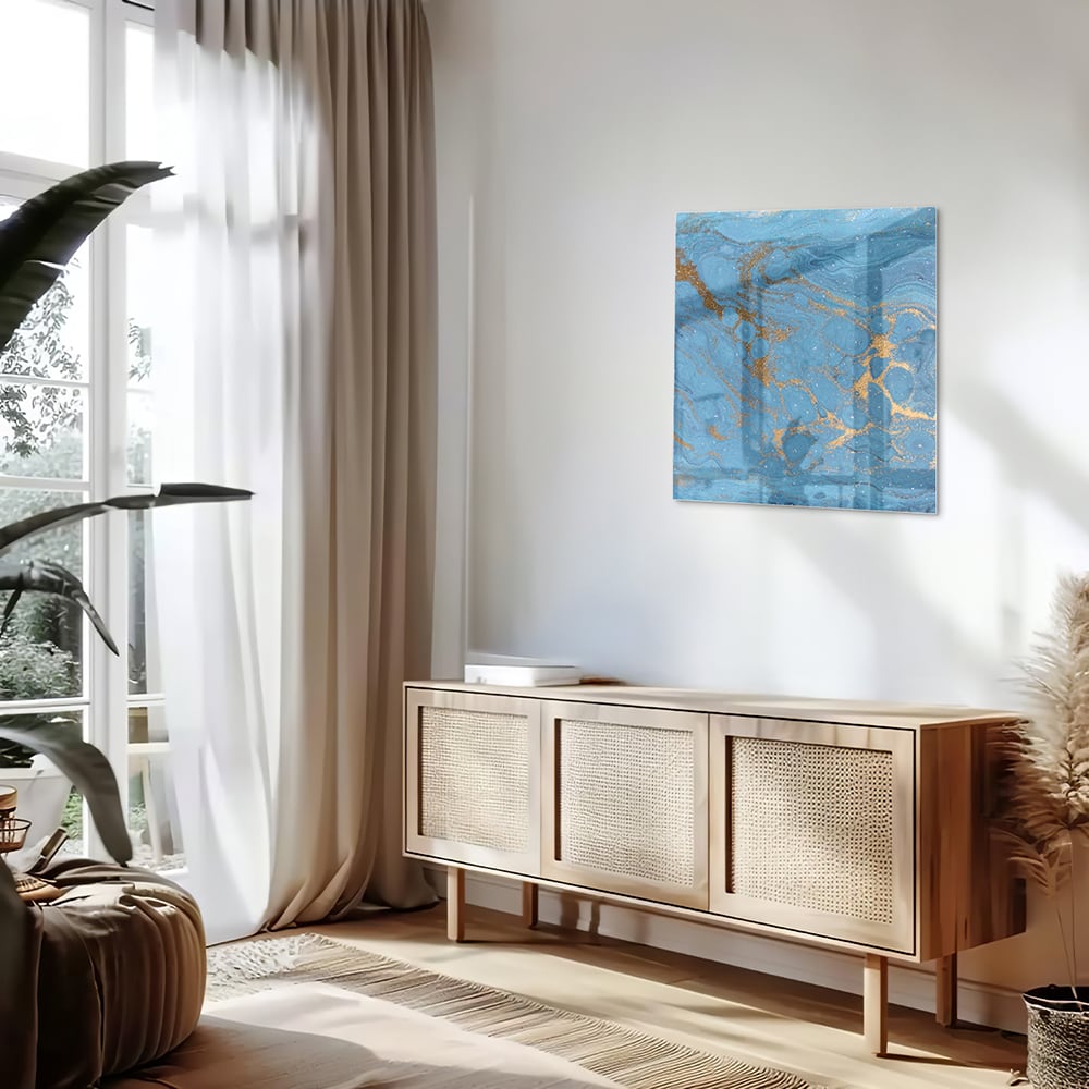 Elegantes Glasbild in blauen und goldenen Farbtönen – Glasbild aus Sicherheitsglas, Größe 120x60