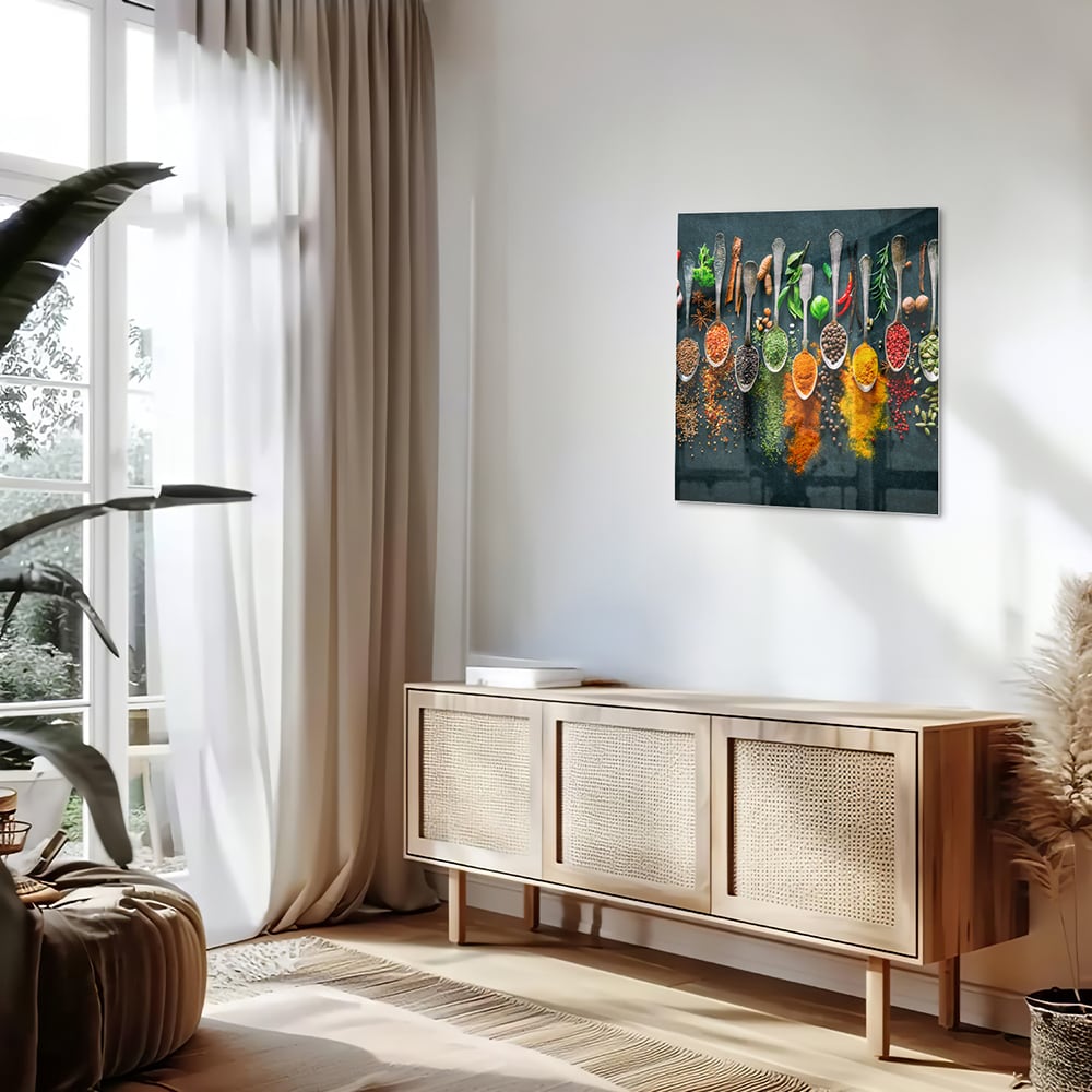 Farbenfrohes Glasbild mit Gewürzen und Kräutern – Glasbild aus Sicherheitsglas, Größe 120x60