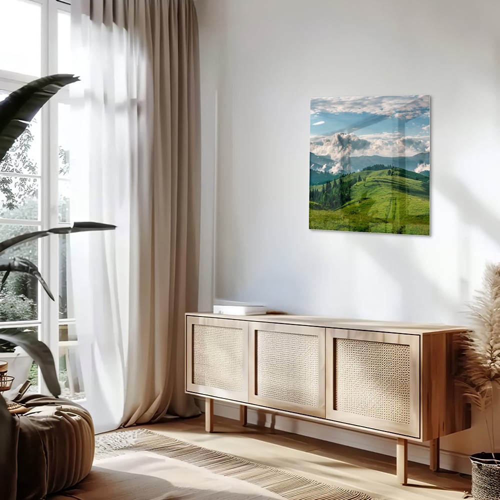 Glasbild mit atemberaubender Berglandschaft – Glasbild aus Sicherheitsglas, Größe 120x60