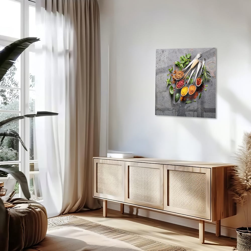 Glasbild mit Kräutern und Gewürzen – Glasbild aus Sicherheitsglas, Größe 120x60