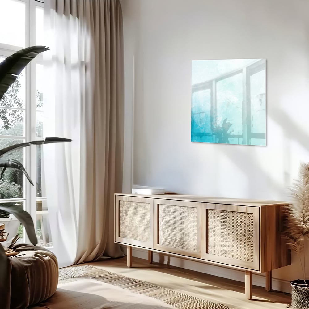 Abstraktes Glasbild in blauen und türkisen Farbtönen – Glasbild aus Sicherheitsglas, Größe 120x60