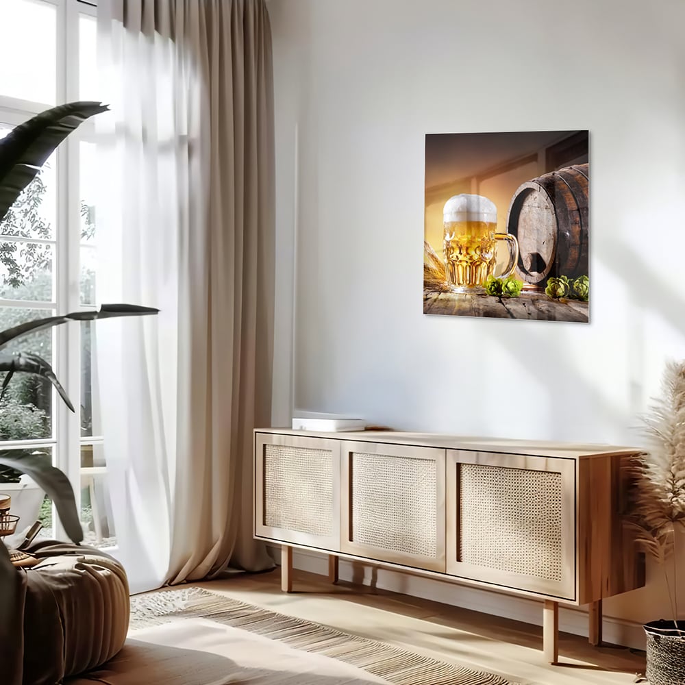 Glasbild mit einem kühlen Bier – Glasbild aus Sicherheitsglas, Größe 120x60