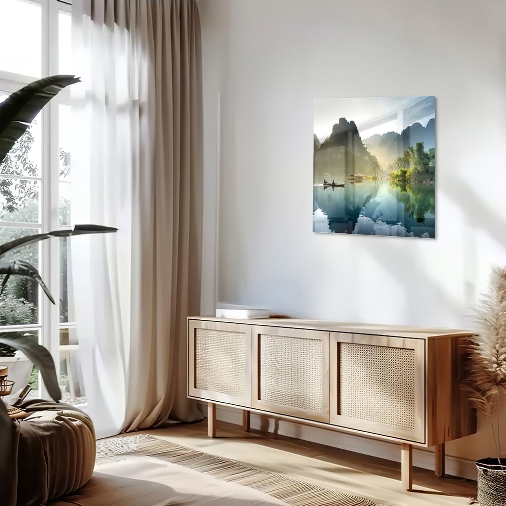Rustikales Glasbild mit ruhigen Bergreflexionen – Glasbild aus Sicherheitsglas, Größe 120x60