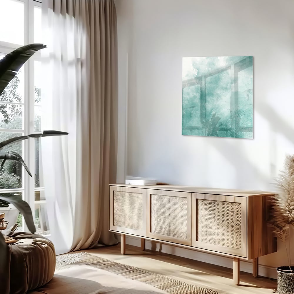 Abstraktes Glasbild in Aquablau – Glasbild aus Sicherheitsglas, Größe 120x60