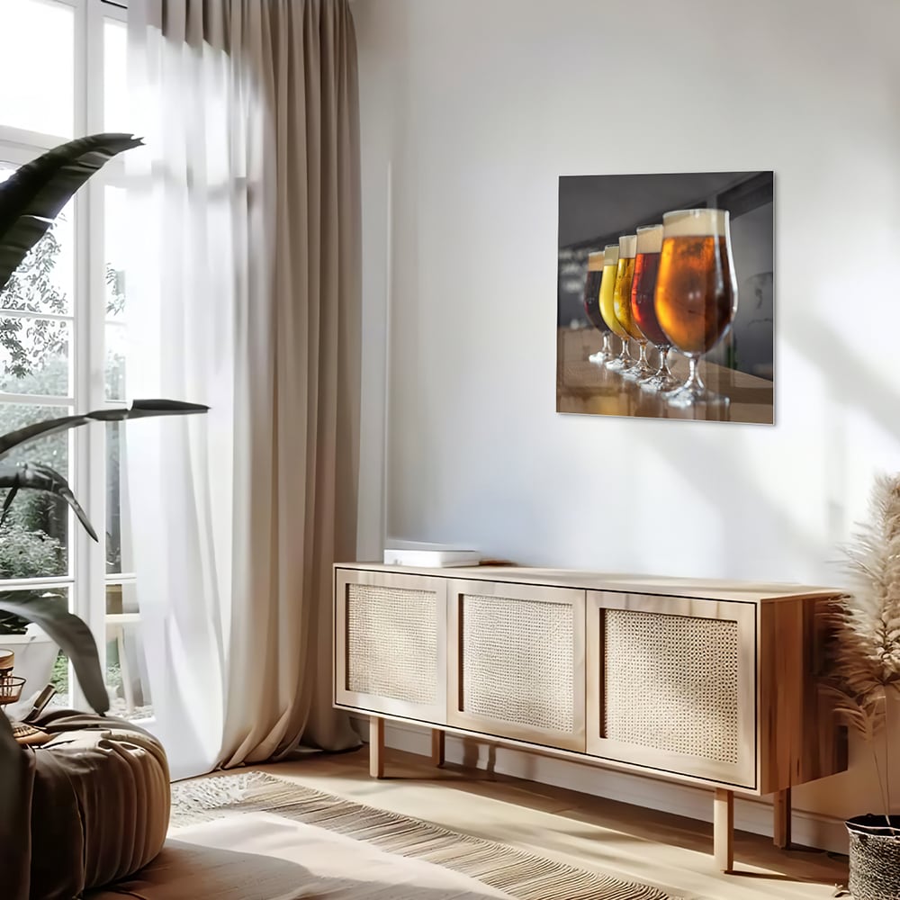 Glasbild mit verschiedenen Bieren – Glasbild aus Sicherheitsglas, Größe 120x60