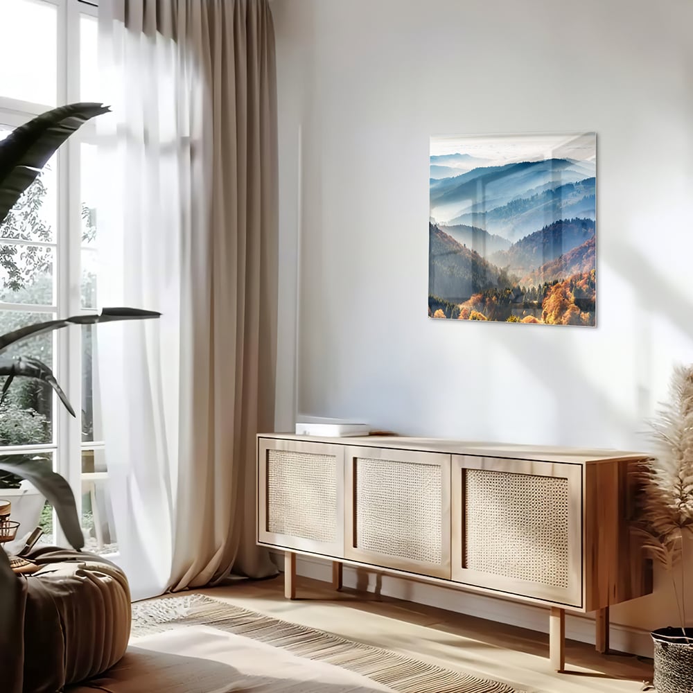 Atemberaubendes Glasbild mit Berglandschaft für Zuhause – Glasbild aus Sicherheitsglas, Größe 120x60