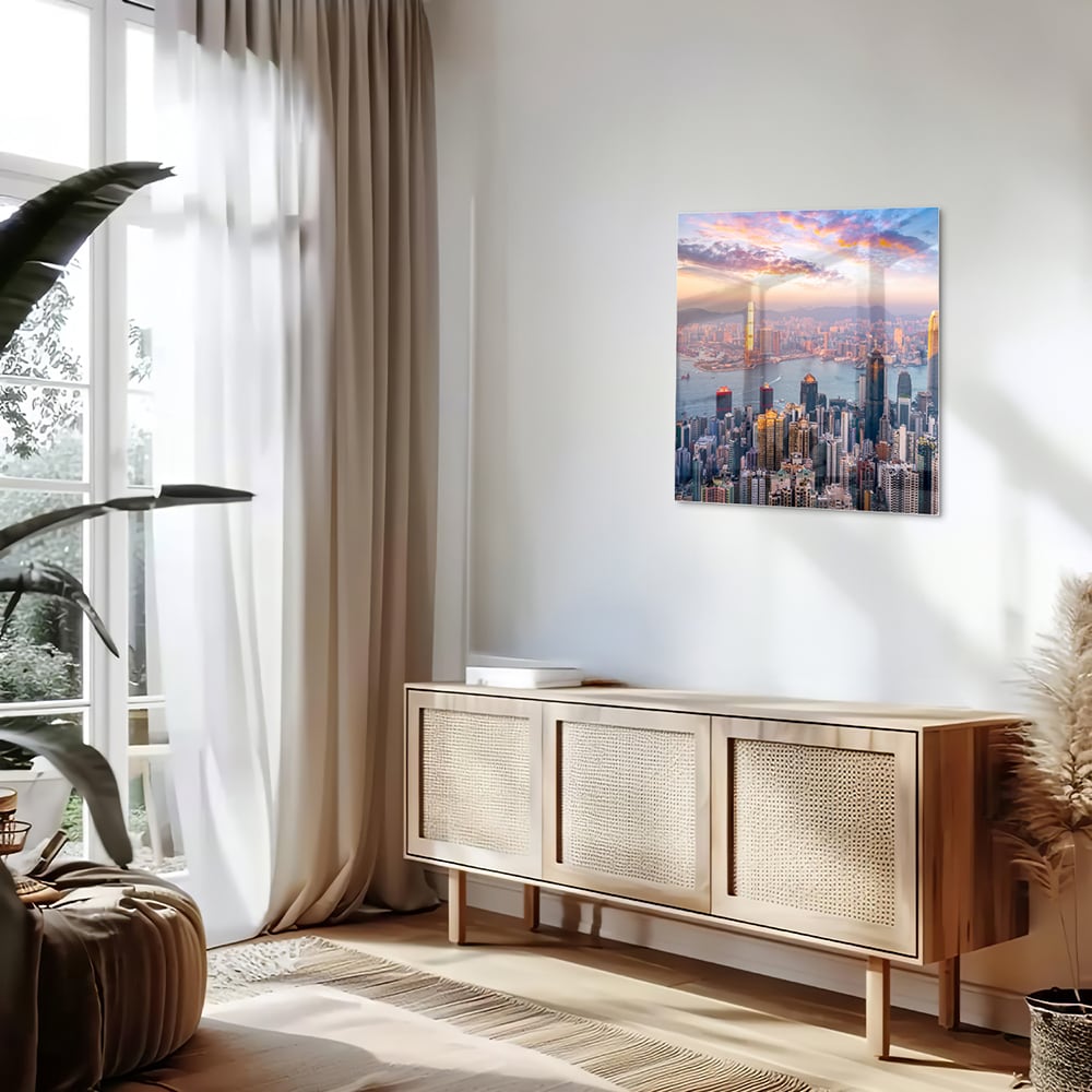 Glasbild mit Stadtansicht bei Sonnenuntergang – Glasbild aus Sicherheitsglas, Größe 120x60