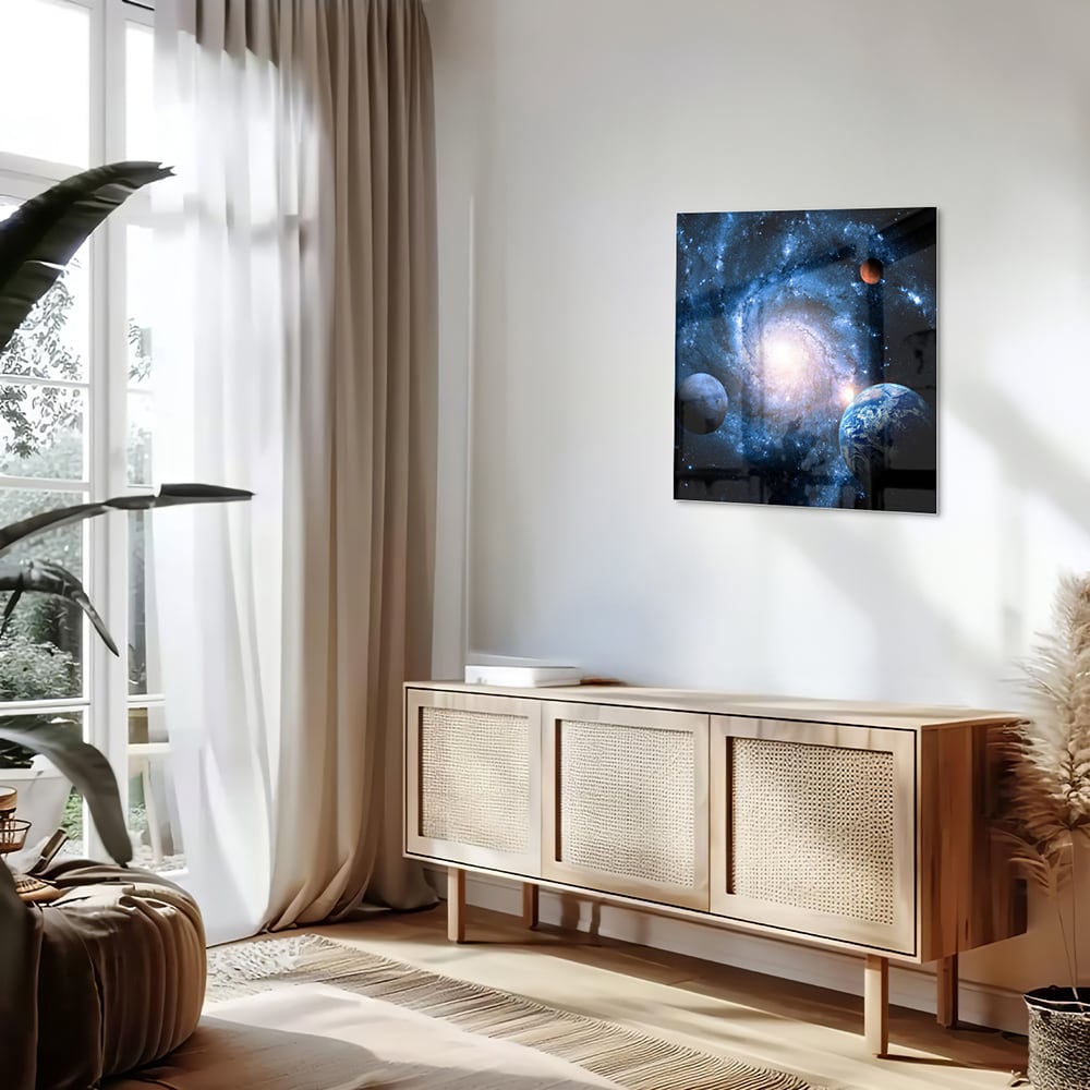 Glasbild mit Weltall und Planeten – Glasbild aus Sicherheitsglas, Größe 120x60